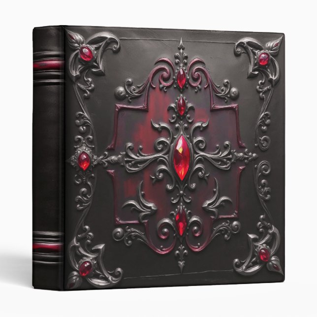 Red Jeweled Black Leather Vampire Gothic 3 Ring Binder (Front/Spine)