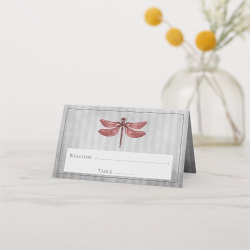 Red Jeweled Dragonfly Reception Place Card