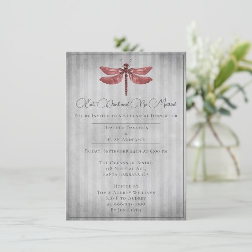 Red Jeweled Dragonfly Rehearsal Dinner Invitation