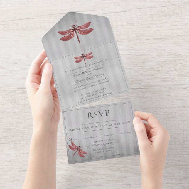 Red Jeweled Dragonfly Wedding All In One Invitation (Tearaway)