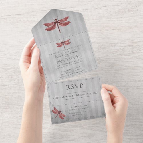 Red Jeweled Dragonfly Wedding All In One Invitation