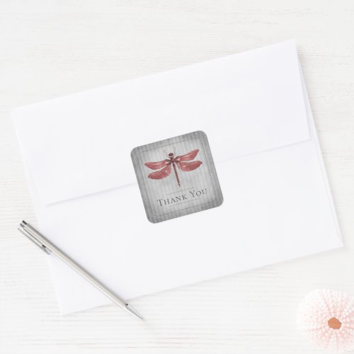 Red Jeweled Dragonfly Wedding Thank You Square Sticker