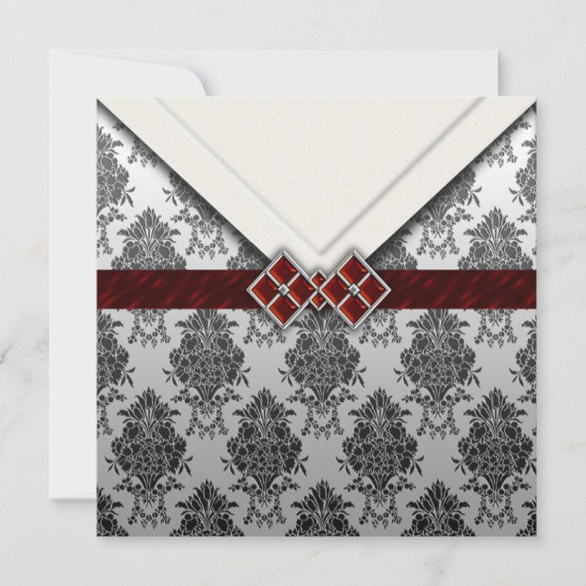 Red Jeweled Look Goth Damask Invitation (Front)