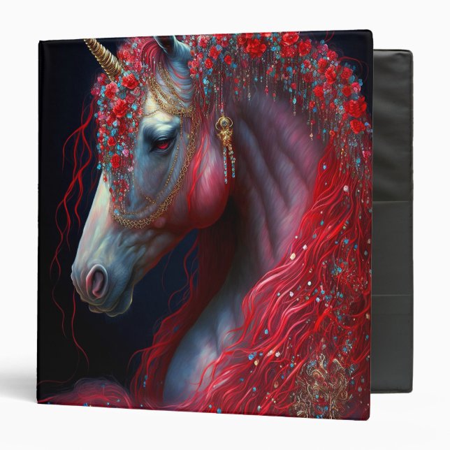 Red Jeweled Unicorn Fantasy Art 3 Ring Binder (Front/Inside)