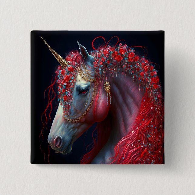 Red Jeweled Unicorn Fantasy Art Button (Front)