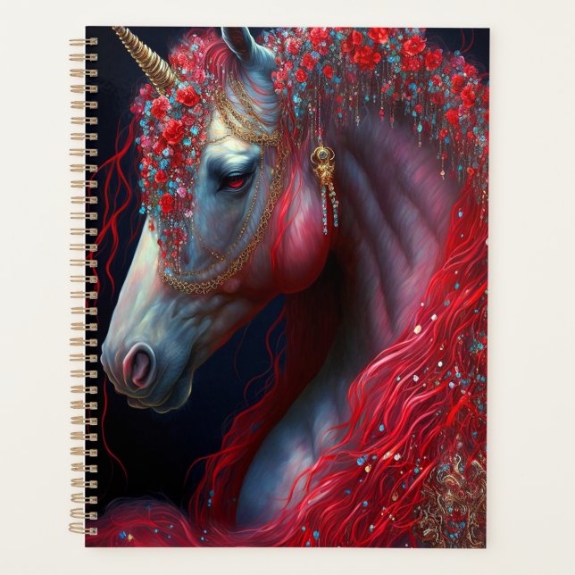 Red Jeweled Unicorn Fantasy Art Planner (Front)