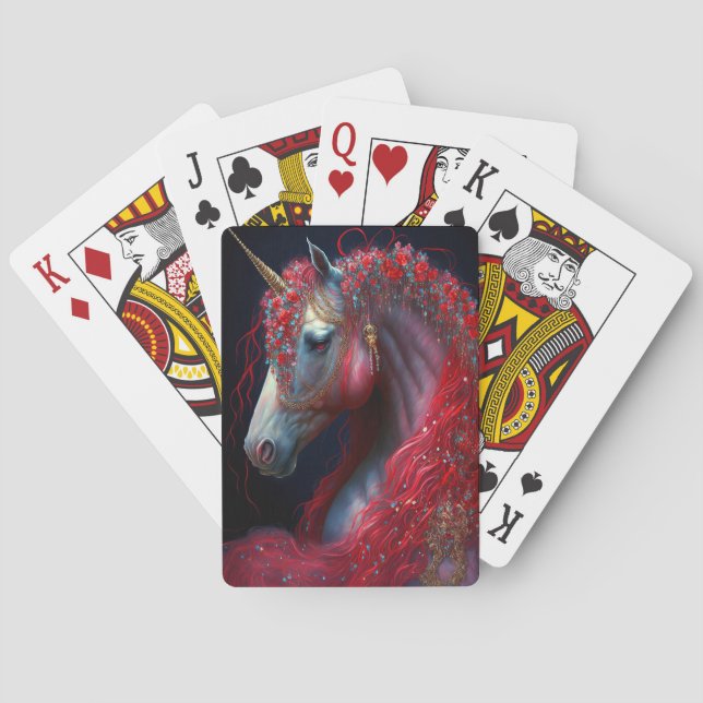 Red Jeweled Unicorn Fantasy Art Poker Cards (Back)