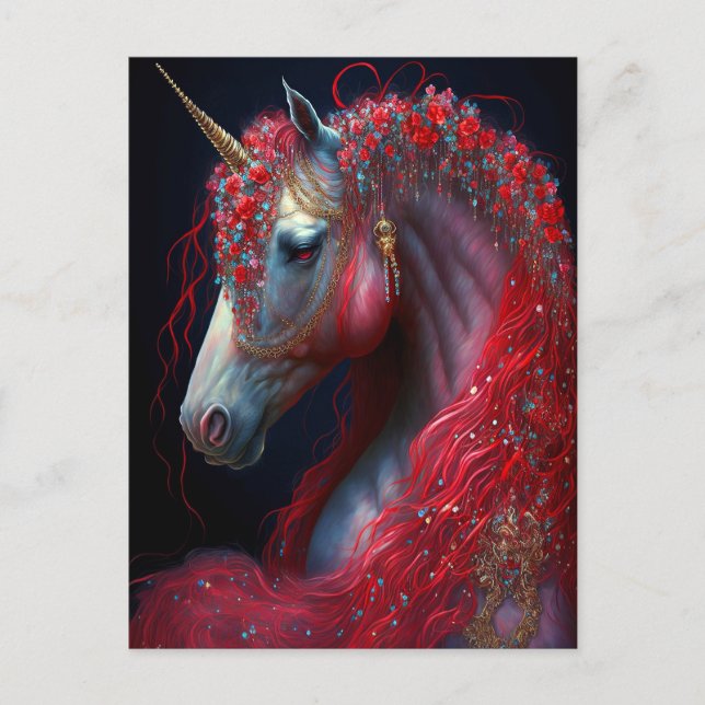 Red Jeweled Unicorn Fantasy Art Postcard (Front)