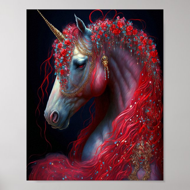 Red Jeweled Unicorn Fantasy Art Poster (Front)