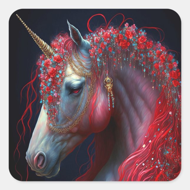 Red Jeweled Unicorn Fantasy Art Square Sticker (Front)