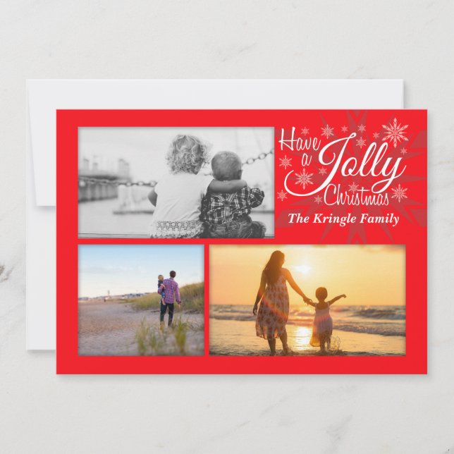 Red Jolly Christmas Snowflake Holiday Photo Card (Front)