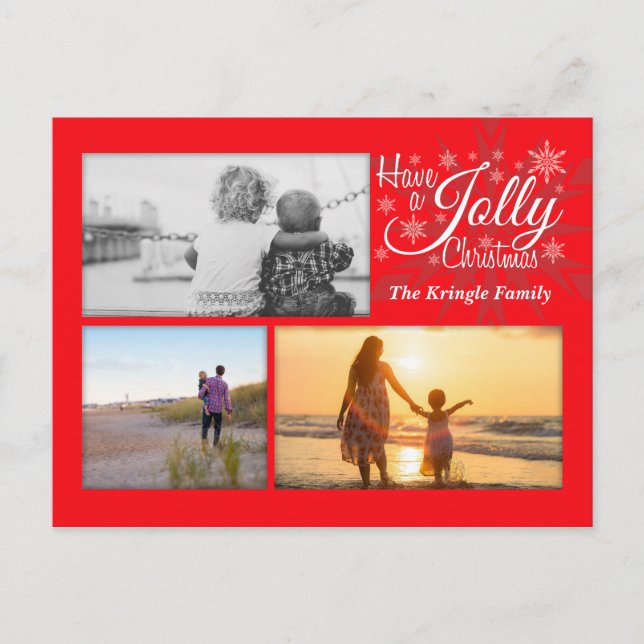 Red Jolly Christmas Snowflake Photo Postcard (Front)