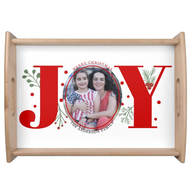 Red Joy and berries Christmas holiday photo Serving Tray (Front)