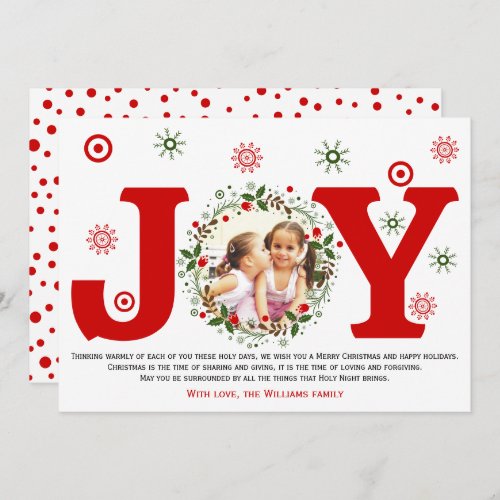 Red Joy and Christmas floral wreath photo Holiday Card