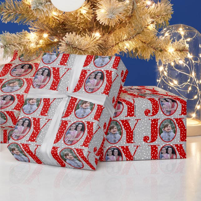 Red JOY and snowflakes gray two photo Christmas Wrapping Paper (Holidays)