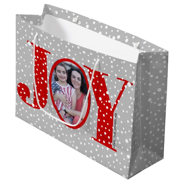 Red JOY and snowflakes two photo Christmas Large Gift Bag (Front Angled)