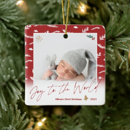 Red joy baby Christmas photo snowflake branches  Ceramic Ornament