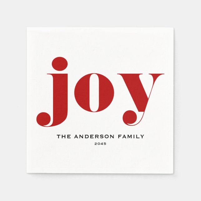 Red JOY Bold Typography Modern Christmas Napkins (Front)