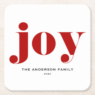 Red JOY Bold Typography Modern Christmas Square Paper Coaster