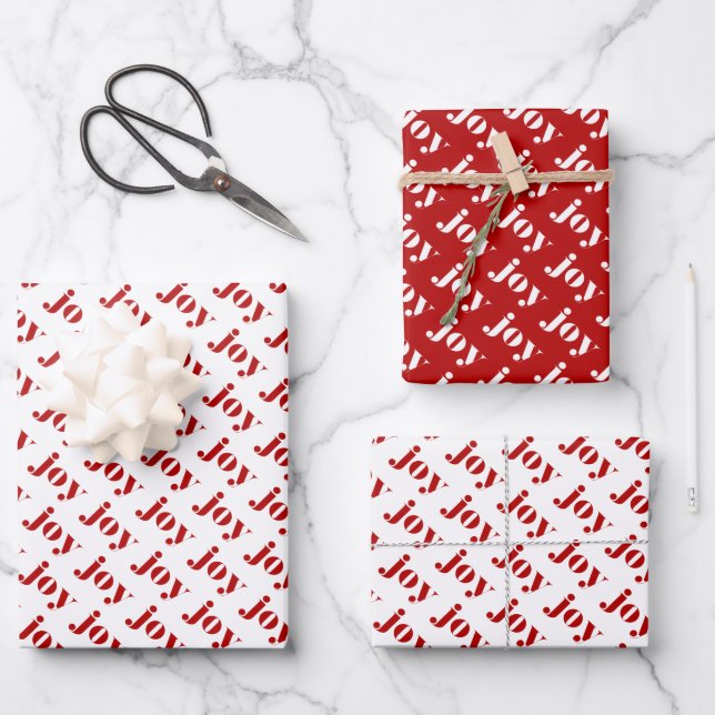 Red JOY Bold Typography Pattern Modern Christmas Wrapping Paper Sheets (Front)