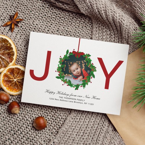 Red Joy Christmas Botanical Wreath Photo Moving Holiday Card