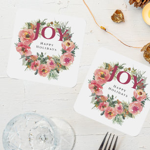 Red Joy Christmas Holiday Party Floral Wreath Square Paper Coaster