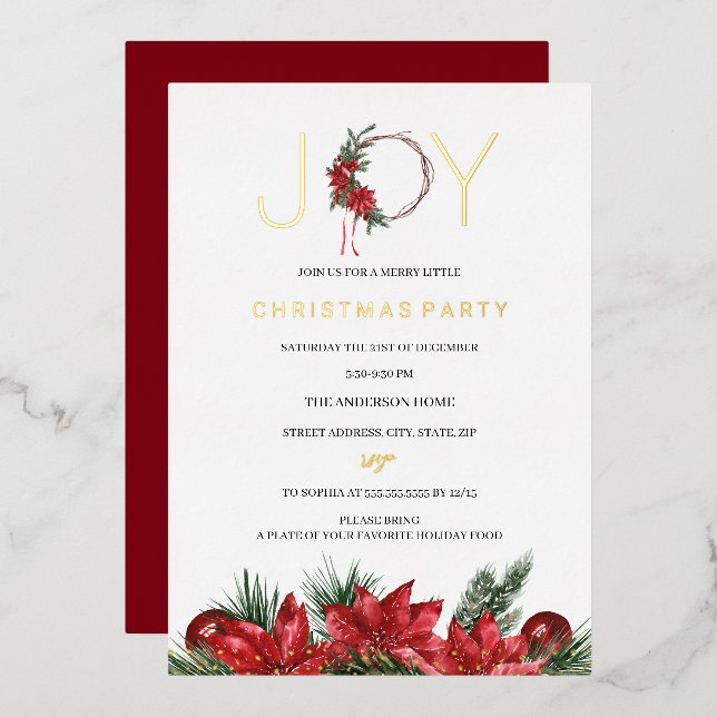 Red Joy Christmas Party Foliage Wreath  Foil Invitation (Front/Back)