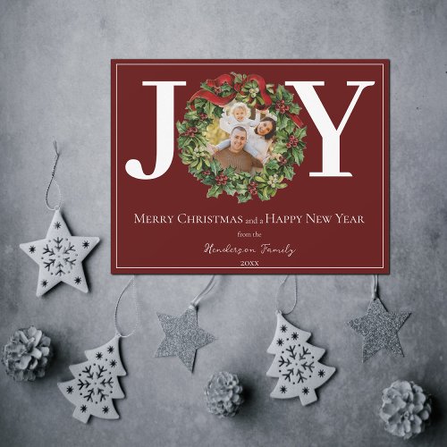 Red Joy Christmas Wreath Photo Holiday Card