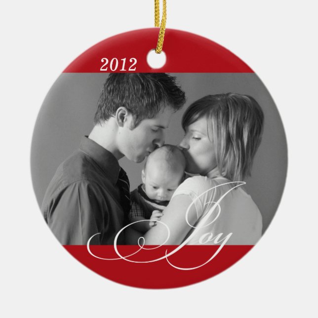 Red JOY custom photo holiday sentiment keepsake Ceramic Ornament (Front)