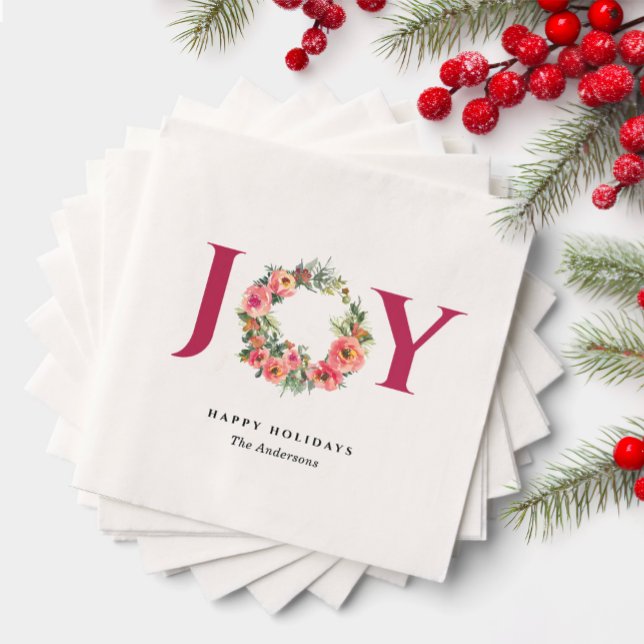Red Joy Floral Wreath Botanical Christmas Party Napkins (Creator Uploaded)
