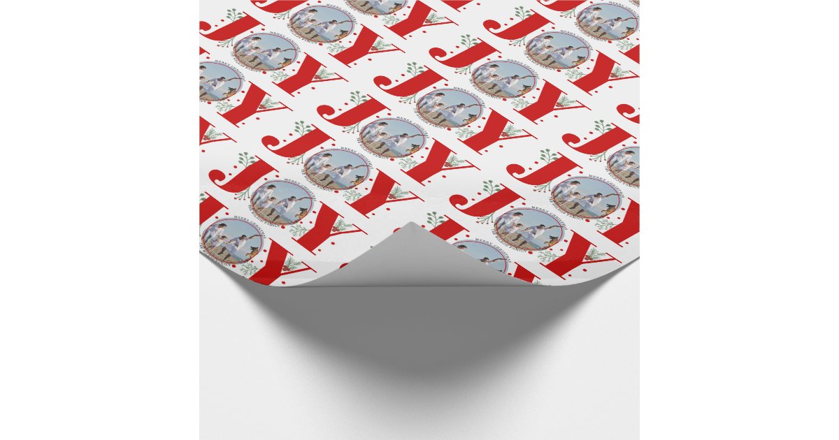 Red JOY Merry Christmas holiday photo Wrapping Paper Zazzle