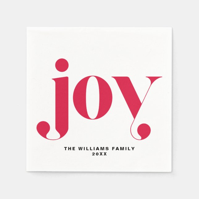 Red Joy Modern Typography Personalized Holiday Napkins (Front)
