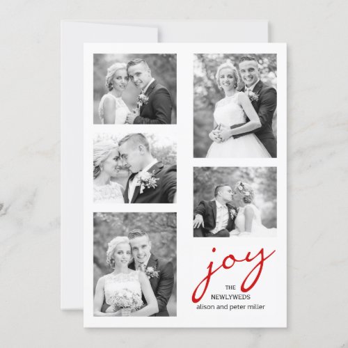 Red joy newlyweds elegant photo collage Christmas Holiday Card