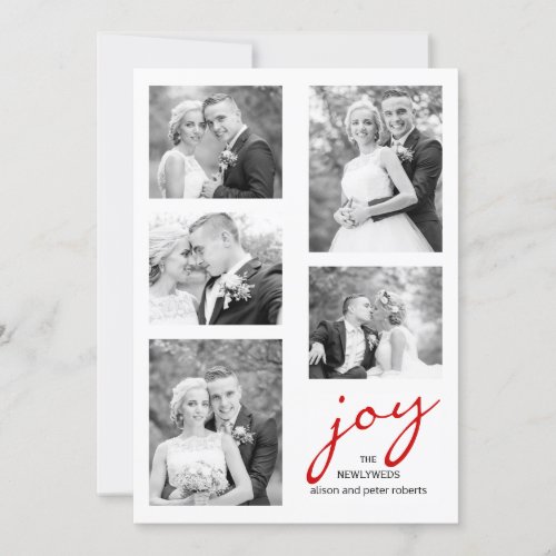 Red joy newlyweds five photo collage Christmas Holiday Card