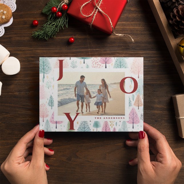 Red Joy Pastel Christmas Trees Photo Holiday Card (Creator Uploaded)