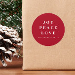 Red Joy Peace Love Minimal Christmas Family Name Classic Round Sticker<br><div class="desc">Custom Merry Christmas with monogram text can be personalized.. This simple,  minimalist,  and contemporary Christmas design is ideal for standing out during the holiday season.</div>