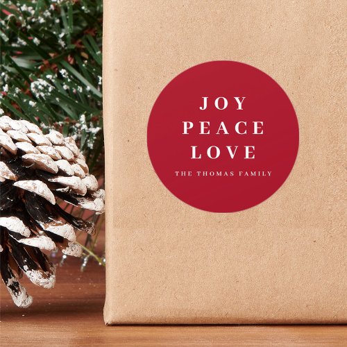 Red Joy Peace Love Minimal Christmas Family Name Classic Round Sticker