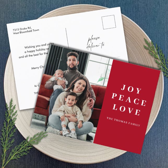 Red Joy Peace Love Minimal Christmas Family Name Holiday Postcard (Creator Uploaded)