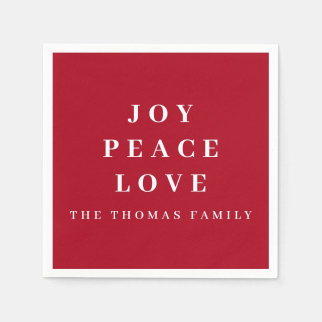 Red Joy Peace Love Minimal Christmas Family Name Napkins (Front)