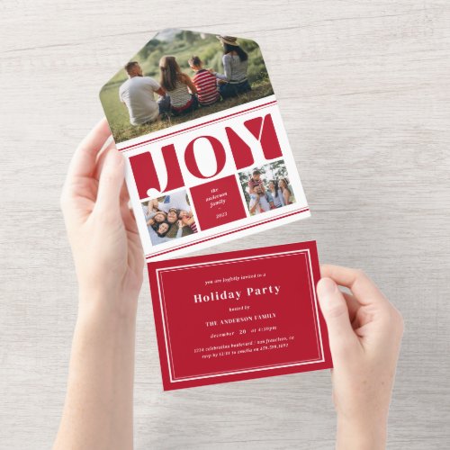 Red Joy Photo Collage Modern Christmas Holiday All In One Invitation