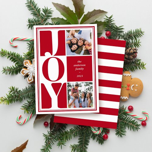 Red Joy Photo Collage Modern Christmas Holiday Card