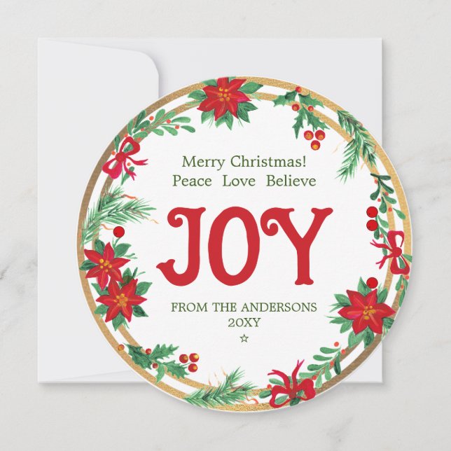 Red Joy Poinsettia Wreath Christmas Holiday Card (Front)
