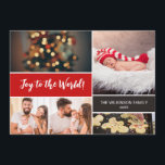 Red Joy to the World Baby's first Christmas photos Holiday Card<br><div class="desc">Celebrate your baby's first Christmas with this heartwarming "Joy to the World" holiday card, featuring customizable photos. This card is the perfect way to share the joy of this special milestone with your loved ones. With Chalkboard blocks. Customizable: Add your baby's photos to create a personal and cherished keepsake. The...</div>
