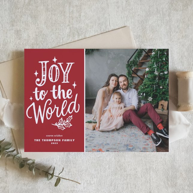 Red Joy To The World Christmas Carol Photo Holiday Card (Creator Uploaded)
