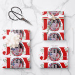 Red Joy with berries Christmas holiday photo Wrapping Paper Sheets<br><div class="desc">Red Joy with berries Christmas holiday photo Wrapping Paper Sheets. It showcases a pattern of the word "JOY" in red with red berries and greenery while instead of the letter "O" there is your photo.</div>