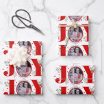 Red Joy with berries Christmas holiday photo Wrapping Paper Sheets<br><div class="desc">Red Joy with berries Christmas holiday photo Wrapping Paper Sheets. It showcases a pattern of the word "JOY" in red with red berries and greenery while instead of the letter "O" there is your photo.</div>
