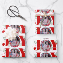 Red Joy with berries Christmas holiday photo Wrapping Paper Sheets