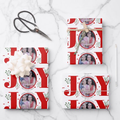 Red Joy with berries Christmas holiday photo Wrapping Paper Sheets