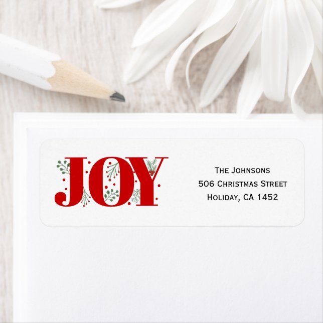 Red Joy with berries Christmas photo Label (Insitu)