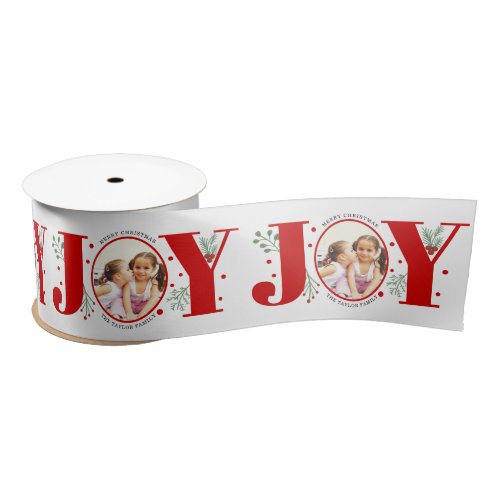 Red Joy with berries Christmas photo Satin Ribbon